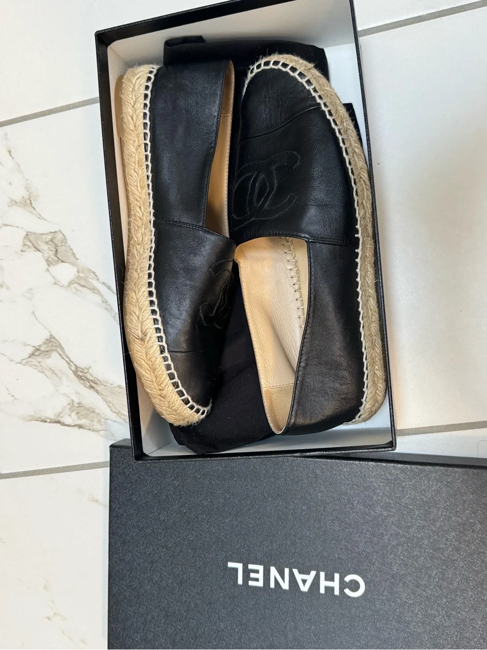 CHANEL Black Leather Logo Espadrille Flats